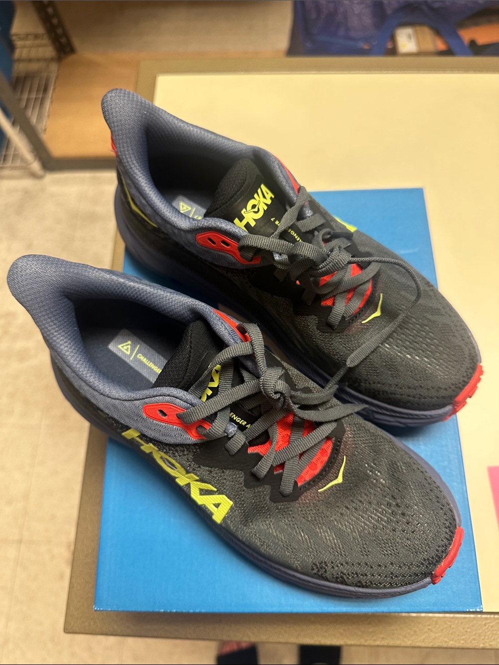 Hoka Challenger 7 Womens Black Running Shoes with Red and Neon Yellow Accents